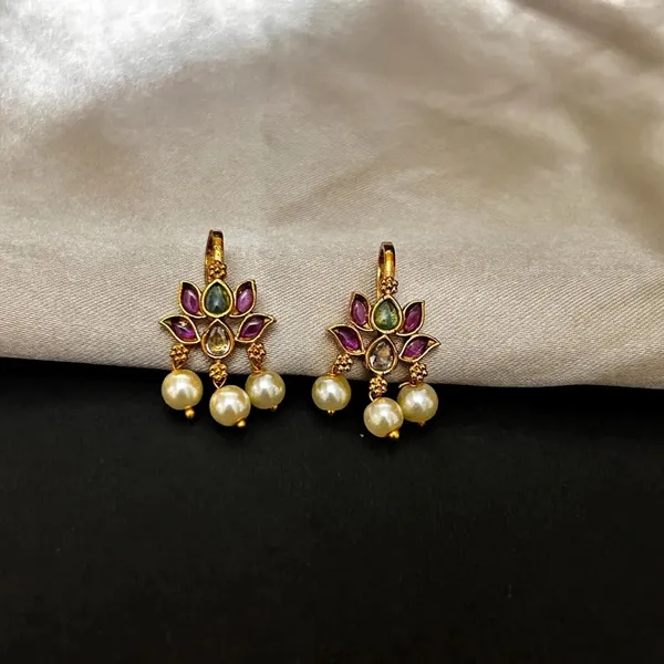 Lotus_Bugadi_Earrings_Non_Piercing_Clip_On_Ear_Cuff_With_Kundan_Kemp_Stone_Pearls_Ethnic_Jewellery