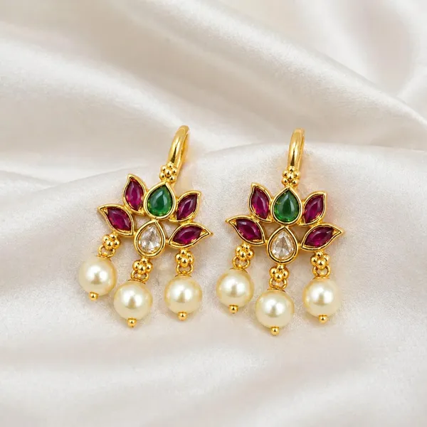 Lotus_Bugadi_Earrings_Non_Piercing_Clip_On_Ear_Cuff_With_Kundan_Kemp_Stone_Pearls_Ethnic_Jewellery