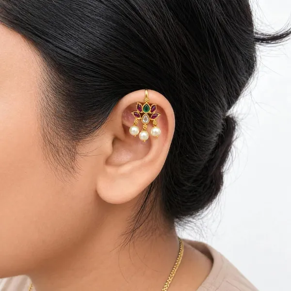 Lotus_Bugadi_Earrings_Non_Piercing_Clip_On_Ear_Cuff_With_Kundan_Kemp_Stone_Pearls_Ethnic_Jewellery