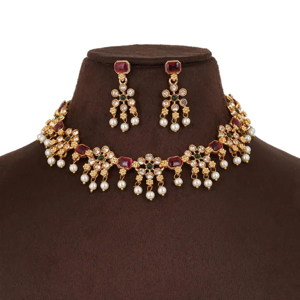 Stylish_Floral_Choker_Necklace_Set_With_Earrings_Gold_Plated_Zircon_Kundan_And_Pearl_Studded_Jewellery_Set_For_Women_And_Girls