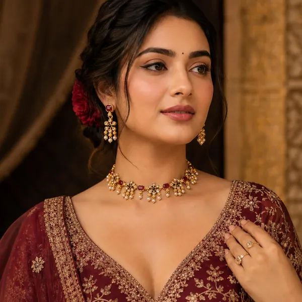 Stylish_Floral_Choker_Necklace_Set_With_Earrings_Gold_Plated_Zircon_Kundan_And_Pearl_Studded_Jewellery_Set_For_Women_And_Girls