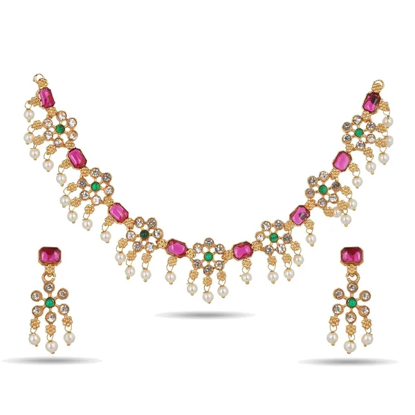 Stylish_Floral_Choker_Necklace_Set_With_Earrings_Gold_Plated_Zircon_Kundan_And_Pearl_Studded_Jewellery_Set_For_Women_And_Girls