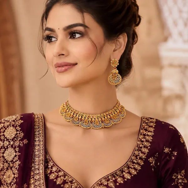 Stylish_Floral_Filigree_Choker_Necklace_Set_With_Earrings_Gold_Plated_Traditional_Jewellery_Set_With_Red_Green_Stones_For_Women_And_Girls