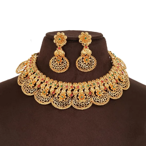 Stylish_Floral_Filigree_Choker_Necklace_Set_With_Earrings_Gold_Plated_Traditional_Jewellery_Set_With_Red_Green_Stones_For_Women_And_Girls