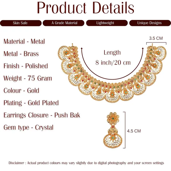 Stylish_Floral_Filigree_Choker_Necklace_Set_With_Earrings_Gold_Plated_Traditional_Jewellery_Set_With_Red_Green_Stones_For_Women_And_Girls