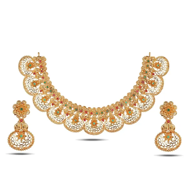 Stylish_Floral_Filigree_Choker_Necklace_Set_With_Earrings_Gold_Plated_Traditional_Jewellery_Set_With_Red_Green_Stones_For_Women_And_Girls