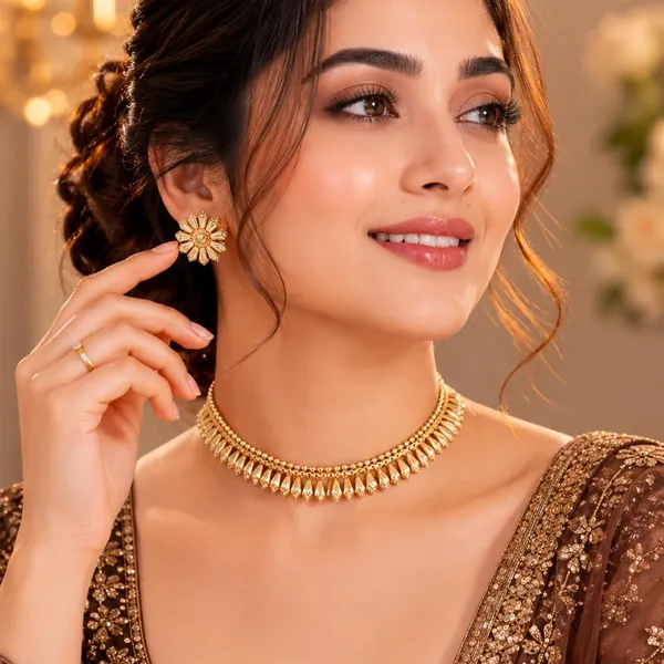 22k_Micro_Gold_Plated_Clasic_Choker_Necklace_And_Stud_Earrings_Traditional_Indian_Jewellery_For_Women_And_Girls