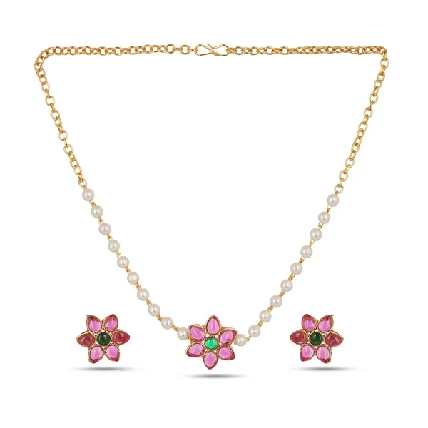 Kundan_Floral_Choker_Necklace_Set_With_Pearl_Chain_Gold_Plated_Pink_And_Green_Stone_Necklace_Set_For_Women_And_Girls