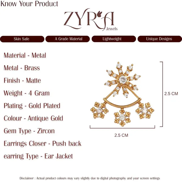 Antique_Gold_Plated_Ear_Jacket_Earrings_Snowflake_Design_Zircon_Studded_Stylish_Gift_For_Women_And_Girls