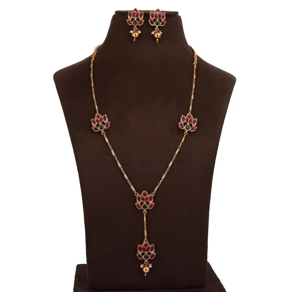 Traditional_Lotus_Flower_Design_Gold_Plated_Long_Necklace_Set_With_Earrings