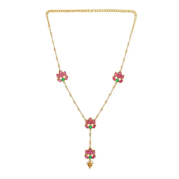Traditional_Lotus_Flower_Design_Gold_Plated_Long_Necklace_Set_With_Earrings