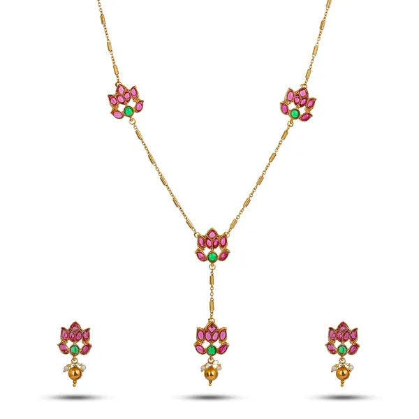 Traditional_Lotus_Flower_Design_Gold_Plated_Long_Necklace_Set_With_Earrings