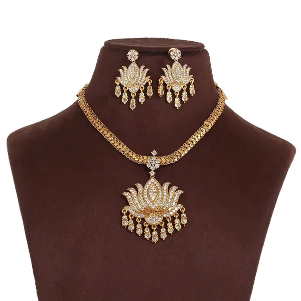 Aaa_Grade_Zircon_Studded_Lotus_Necklace_Set_With_Earrings_Antique_Gold_Finish_Traditional_Jewellery_Set_Gift_For_Women_And_Girls