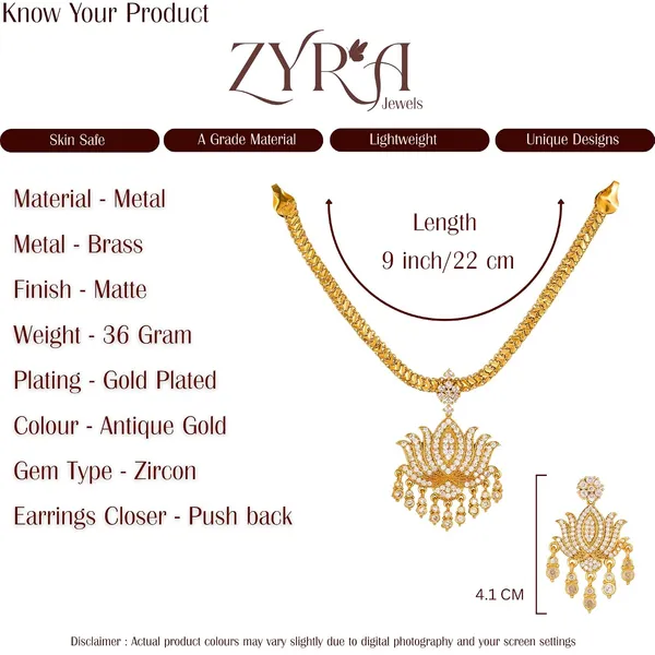Aaa_Grade_Zircon_Studded_Lotus_Necklace_Set_With_Earrings_Antique_Gold_Finish_Traditional_Jewellery_Set_Gift_For_Women_And_Girls