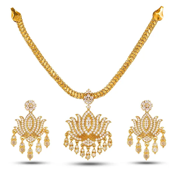 Aaa_Grade_Zircon_Studded_Lotus_Necklace_Set_With_Earrings_Antique_Gold_Finish_Traditional_Jewellery_Set_Gift_For_Women_And_Girls
