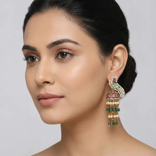 Gold_Plated_Peacock_Jhumka_Earrings_With_Pearls_And_Stones