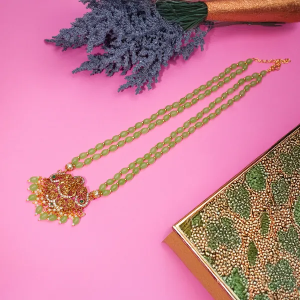 Mint_Green_Beaded_Double_Strand_Long_Necklace_With_Gold_Plated_Lakshmi_Pendant_For_Women