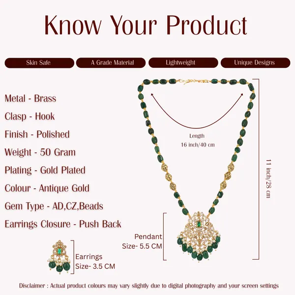 Gold_Plated_Zircon_Pendant_Beaded_Long_Necklace_Set_With_Earrings
