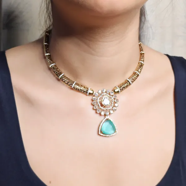 Antique_Gold_Brass_Moissanite_And_Zircon_Necklace_Set_With_Turquoise_Pendant