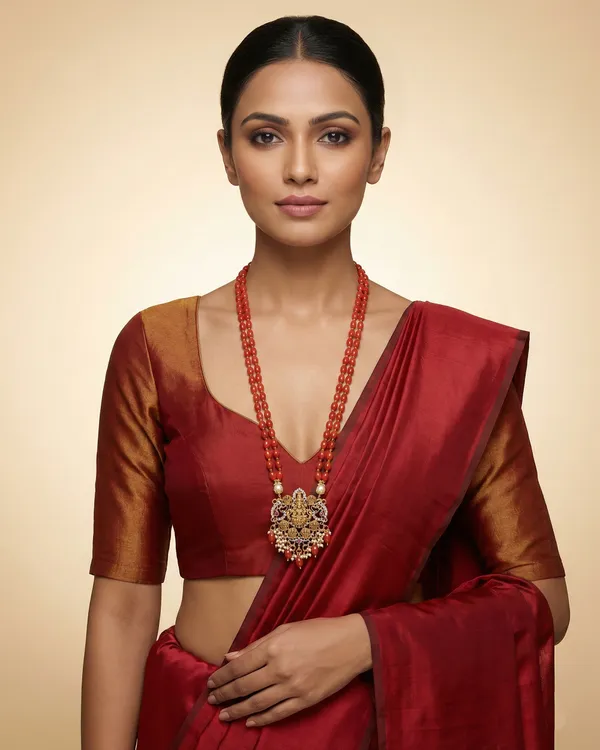 Maroon_Beaded_Double_Strand_Long_Necklace_With_Gold_Plated_Lakshmi_Pendant_For_Women