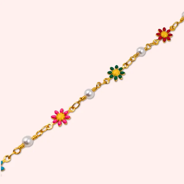 Gold_Tone_Multicolor_Enamel_Flower_Pearl_Charm_Bracelet_For_Girls