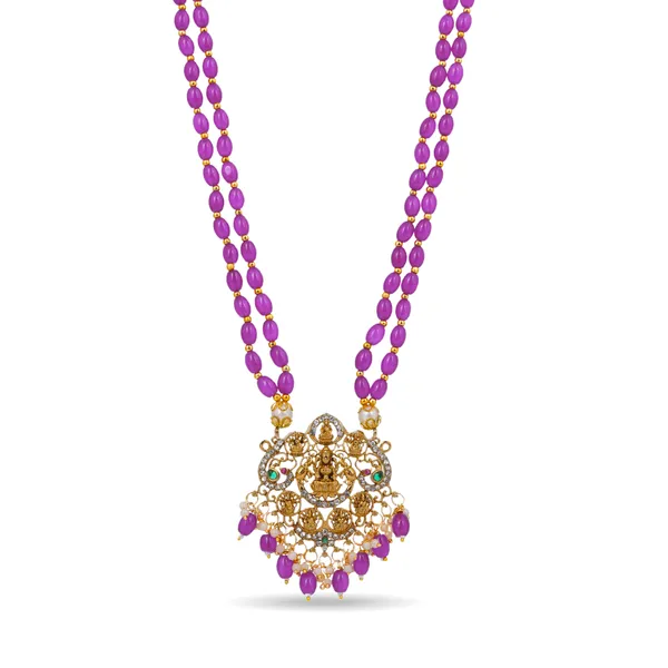 Purple_Beaded_Double_Strand_Long_Necklace_With_Gold_Plated_Lakshmi_Pendant_For_Women