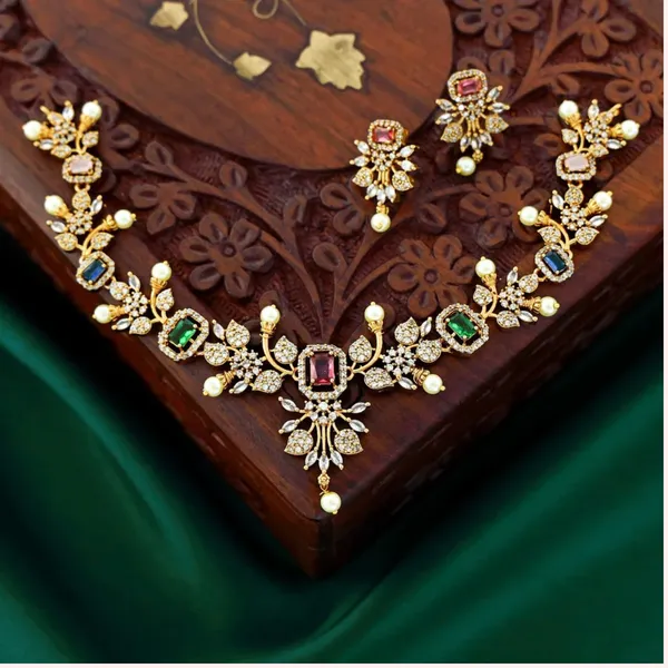 Gold_Tone_Multicolor_Stone_AD_Necklace_Set_With_Pearls