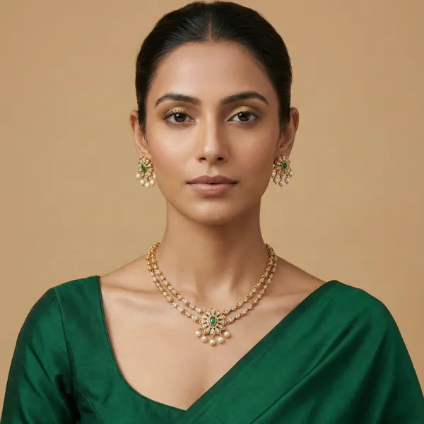 Gold_Plated_Double_Layer_Zircon_Choker_Necklace_Set_With_Earrings_(Green)