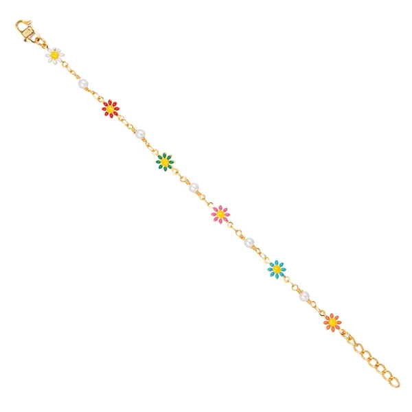 Gold_Tone_Multicolor_Enamel_Flower_Pearl_Charm_Bracelet_For_Girls