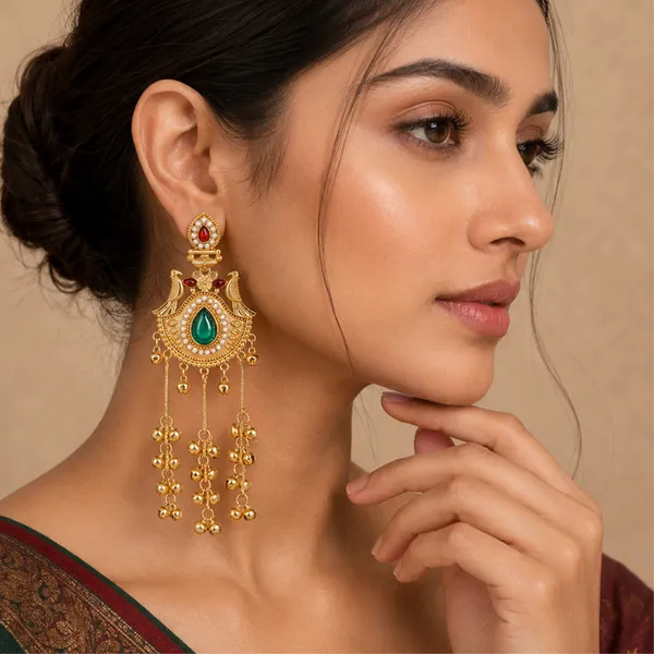Gold_Toned_Emerald_Red_Stone_Chandbali_Earrings_With_Jhumka_Drops