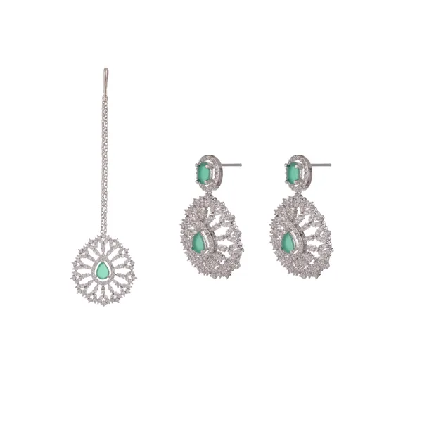 Silver_Green_Stone_Studded_Necklace_Earrings_Maang_Tikka_Set