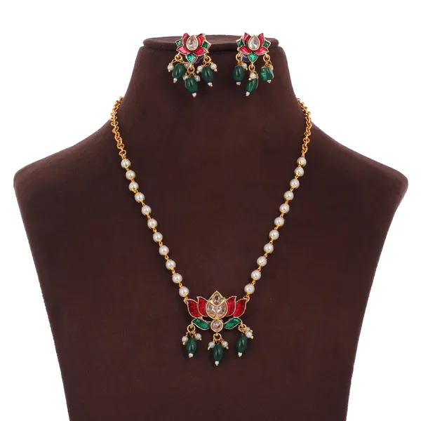 Gold_Plated_Ad_Pearls_Lotus_Pendant_Necklace_Set_For_Women
