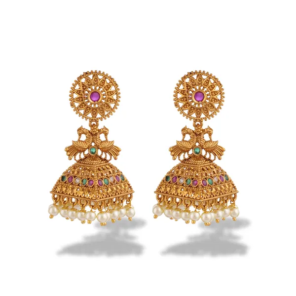 Gold_Antique_Jhumka_Earrings_With_Pearls_And_Gemstones_For_Women