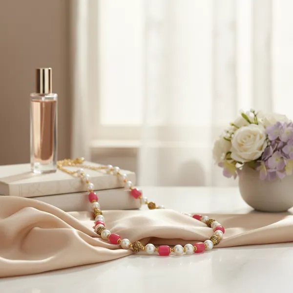 White_Pearl_And_Pink_Stone_Beaded_Necklace_With_Gold_Accents