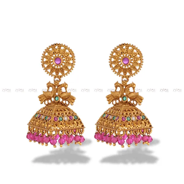 Gold_Plated_Jhumka_Earrings_With_Pink_Beads_And_Multicolor_Stones