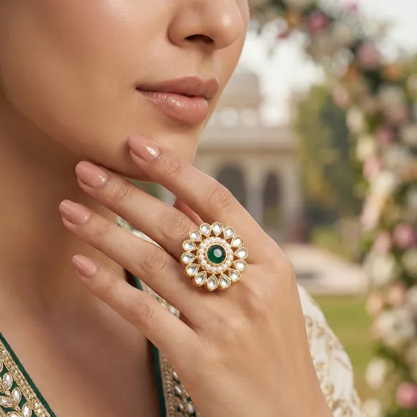 Gold_Plated_Kundan_Pearl_Green_Stone_Adjustable_Finger_Ring_For_Women