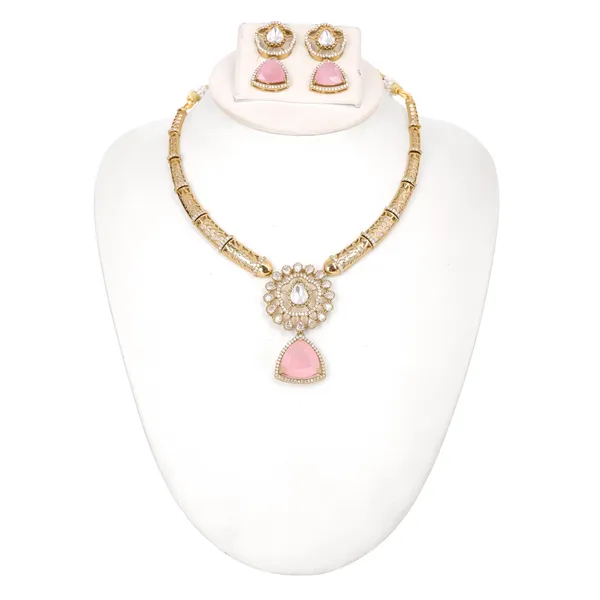 Antique_Gold_Moissanite_Pink_Stone_Necklace_Set_For_Women