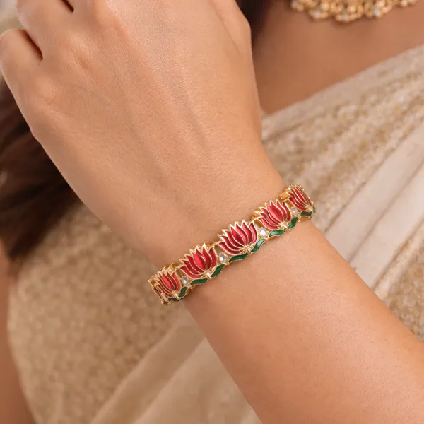 Gold_Tone_Red_Lotus_Enamel_Bangle_Set_For_Women