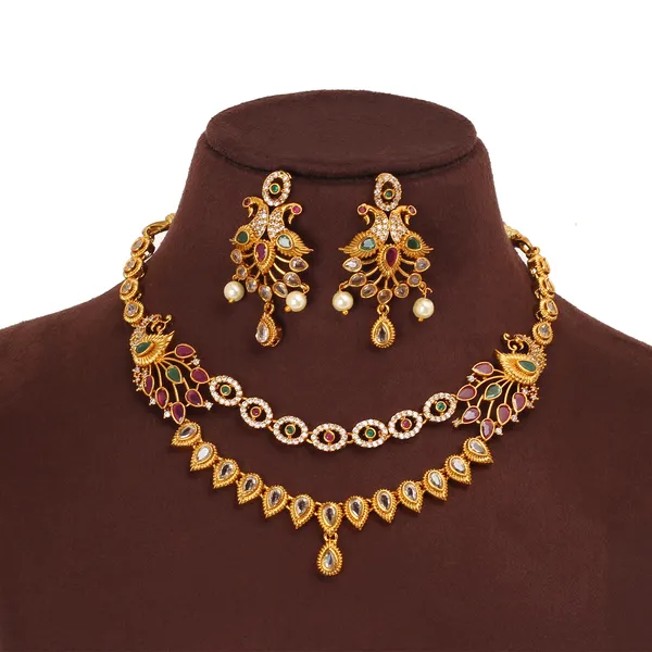 Antique_Gold_Brass_Zircon_American_Diamond_Necklace_Set_For_Women
