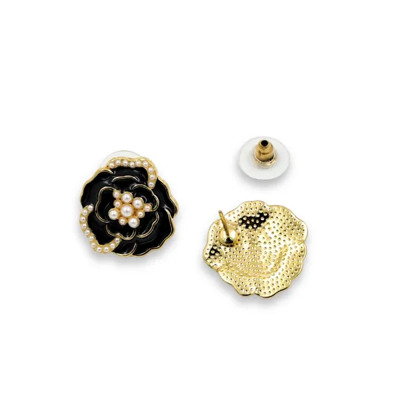 Gold_Pearl_Embellished_Black_Floral_Stud_Earrings