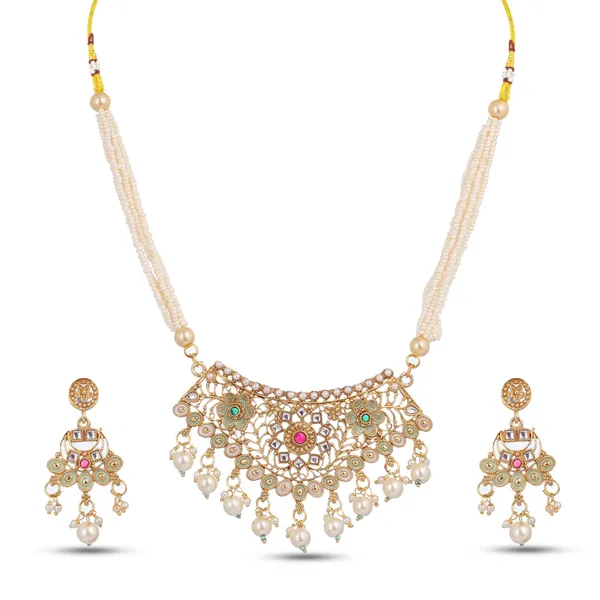 Kundan_Meenakari_Floral_Choker_Necklace_set_With_Earrings_Gold_Plated