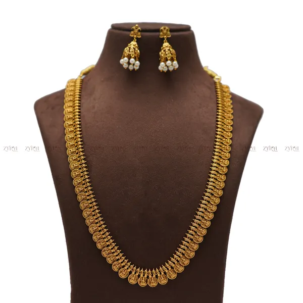 Gold_Plated_Coin_Design_Long_Necklace_Set_With_Pearl_Earrings