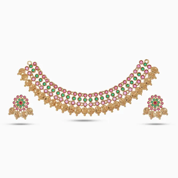 Gold_Plated_Multicolor_Kemp_Stone_Choker_Necklace_Set_With_Earrings