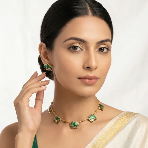 Gold_Plated_Green_Enamel_Lotus_Necklace_Set_With_Earrings