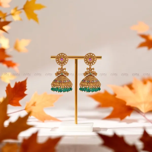 Gold_Plated_Jhumka_Earrings_With_Green_Beads_For_Women