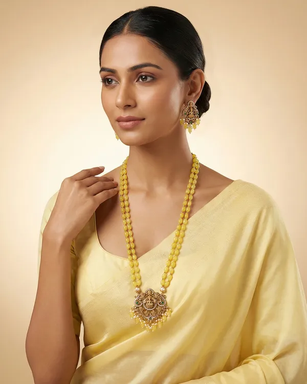 Yellow_Beaded_Double_Strand_Long_Necklace_With_Gold_Plated_Lakshmi_Pendant_For_Women