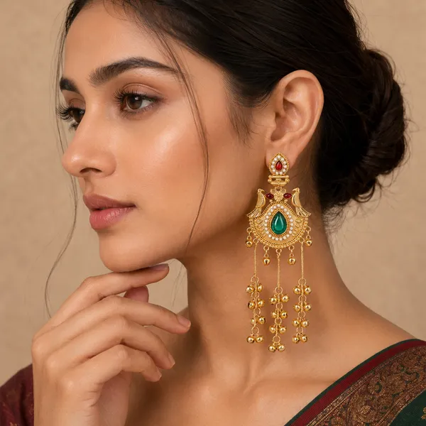 Gold_Toned_Emerald_Red_Stone_Chandbali_Earrings_With_Jhumka_Drops