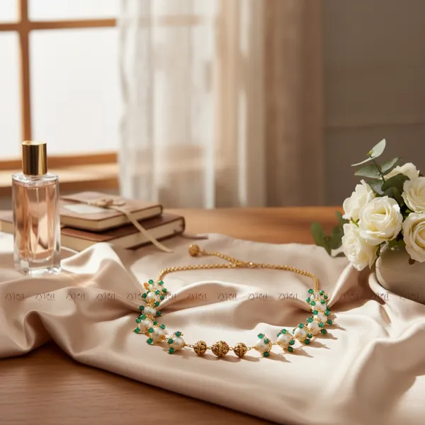 Gold_Plated_Green_Stone_Pearl_Cluster_Necklace_For_Women