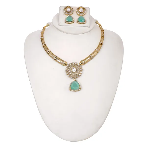 Antique_Gold_Brass_Moissanite_And_Zircon_Necklace_Set_With_Turquoise_Pendant