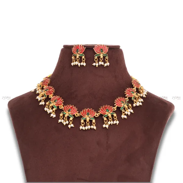 Gold_Plated_Copper_Floral_Pearl_Necklace_Set_With_Push_Back_Earrings